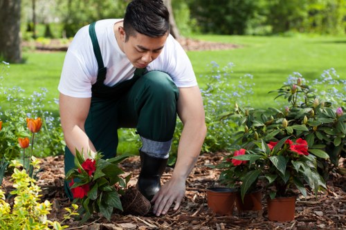 Garden maintenance crew mowing and pruning in a local park-like garden